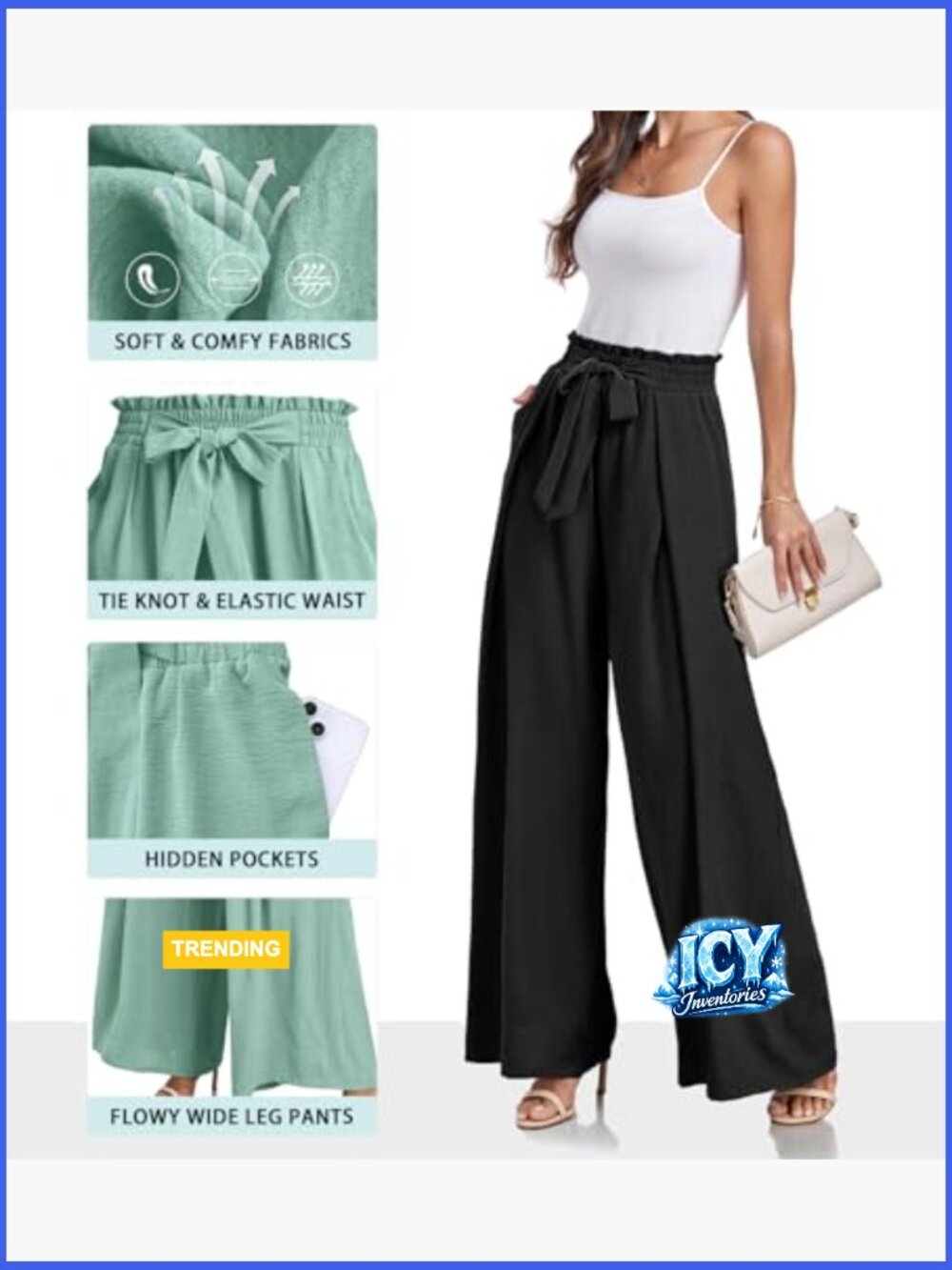 High Waisted Wide Leg Palazzo Pants with Pockets Tie Knot - Picture 3 of 7